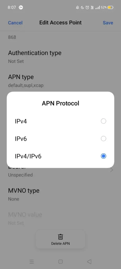 apn protocol from settings