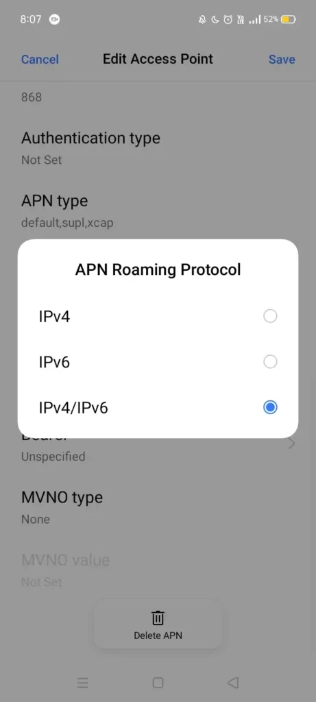 apn roaming protocol from settings