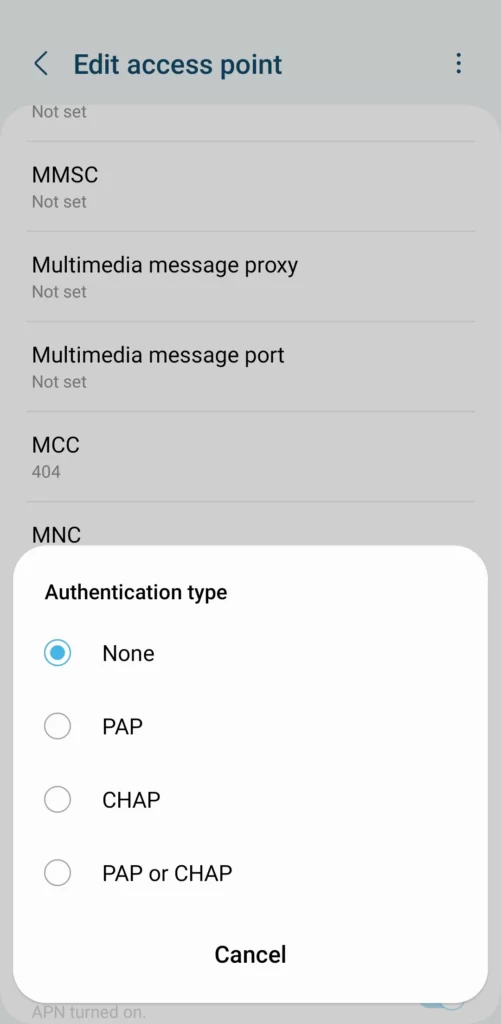 authentication type from access point names screenshot