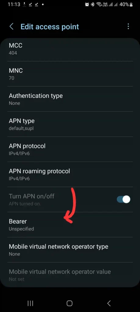 bearer in apn settings