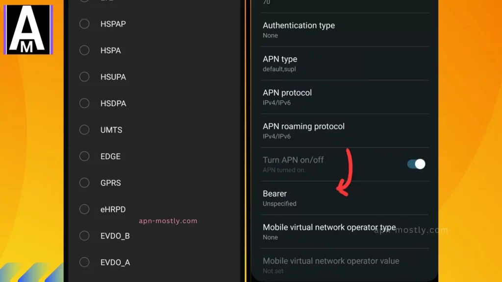 bearer option in apn with all the options from drop down list