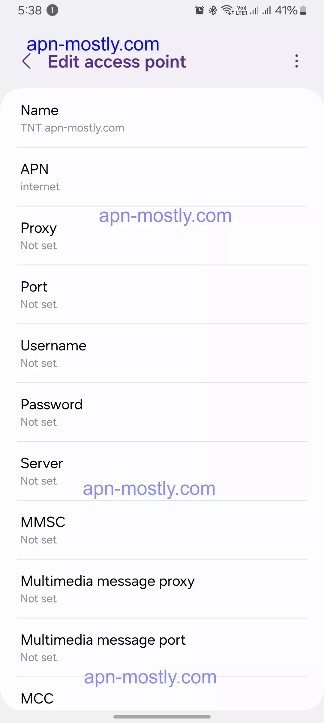 screenshot of editing the internet configuration for TNT