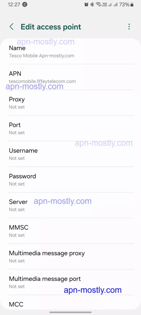 screenshot of configured internet settings for tesco apn