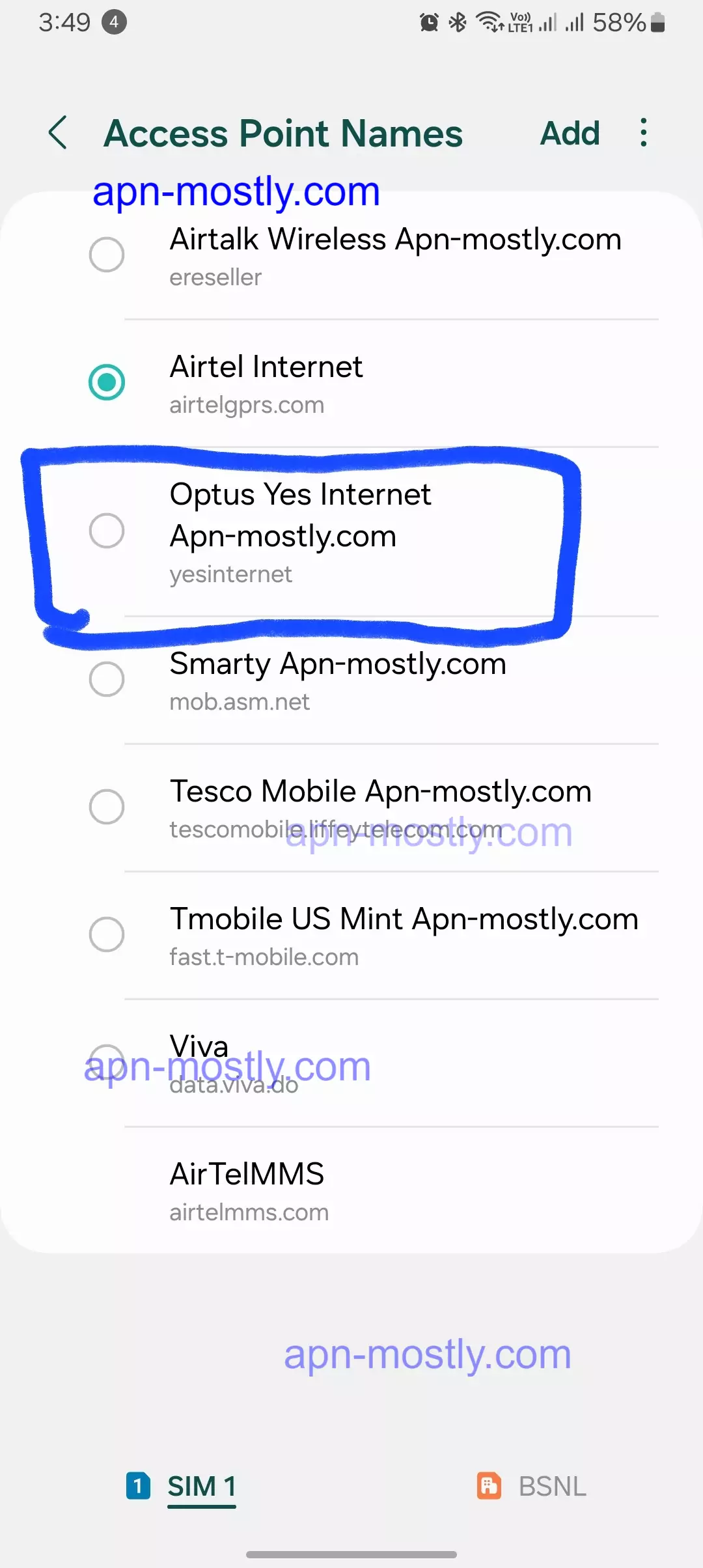 screenshot of optus apn settings highligted from the apn menu on android