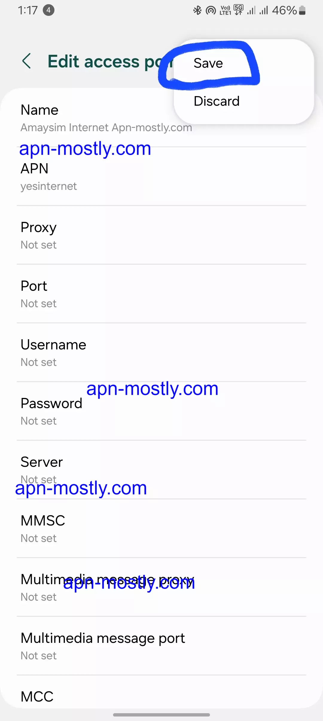 screenshot of saving the amaysim access point name on android device