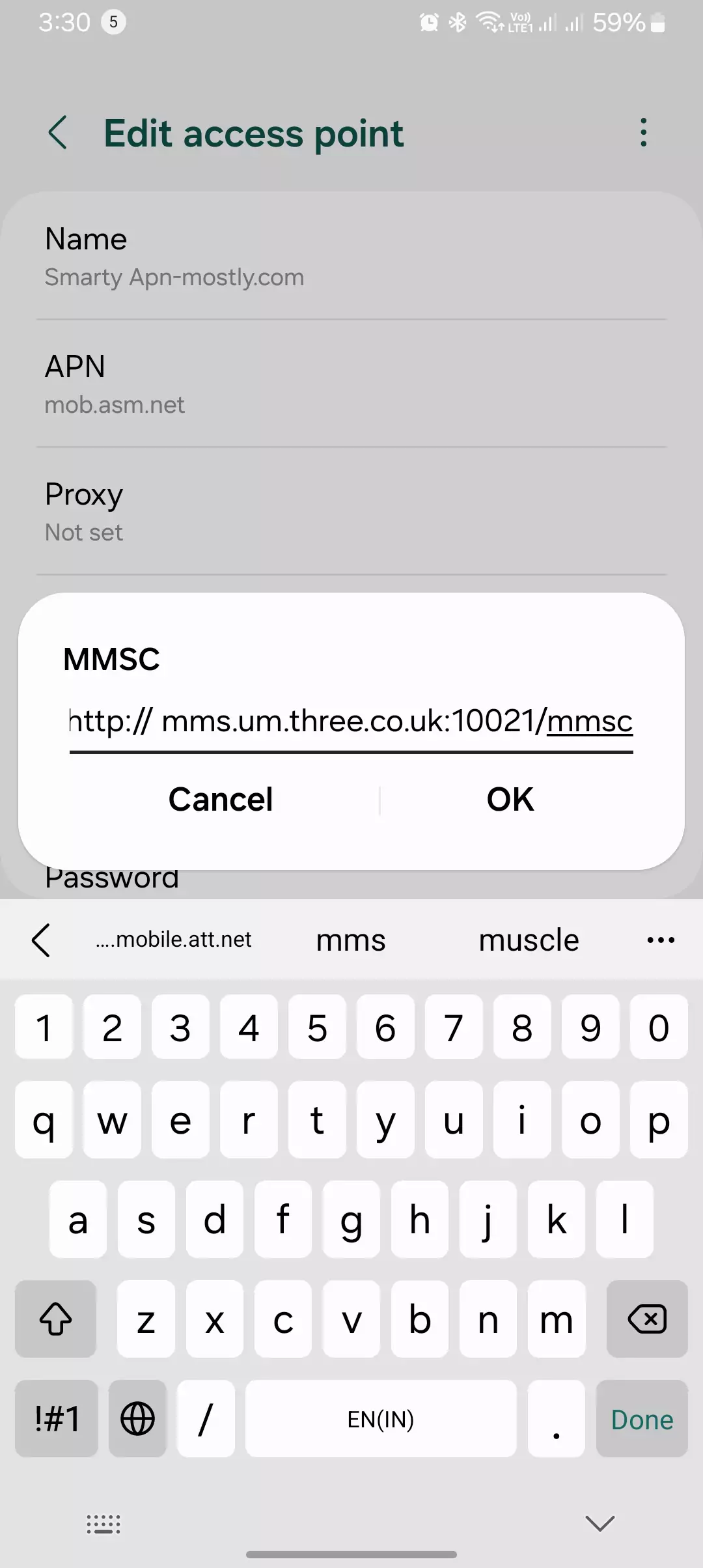 screenshot of setting up mmsc for smarty