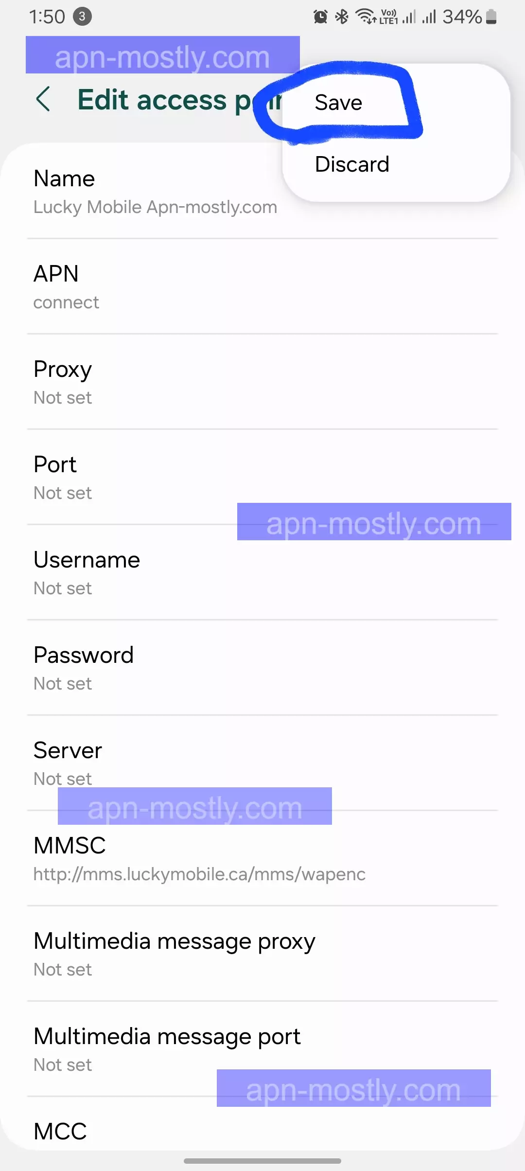screenshot of saving the lucky mobile apn