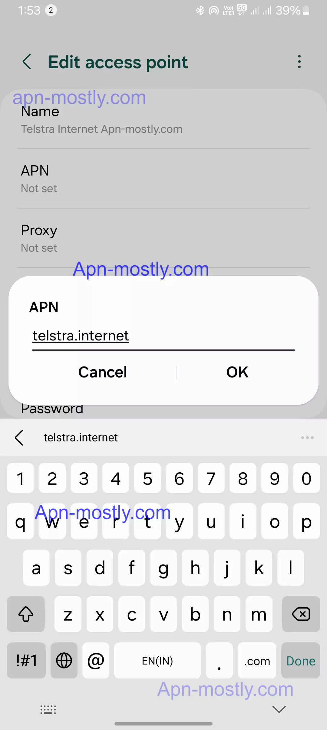 screenshot of adding the internet apn for telstra