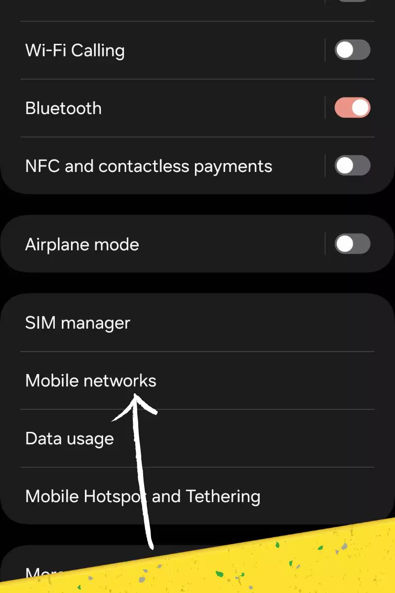 mobile networks from settings highlighted