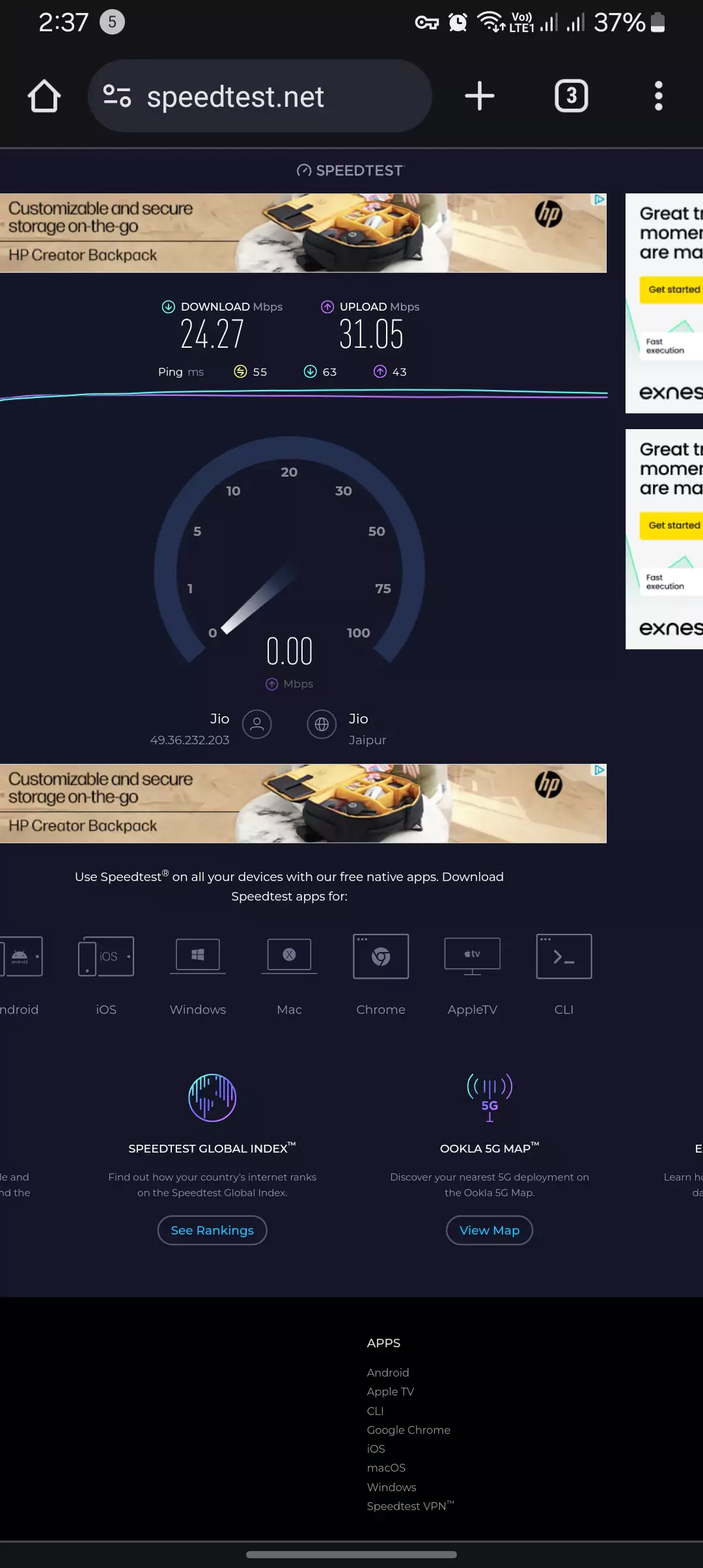 screenshot of speedtest done on desktop mode with VPN