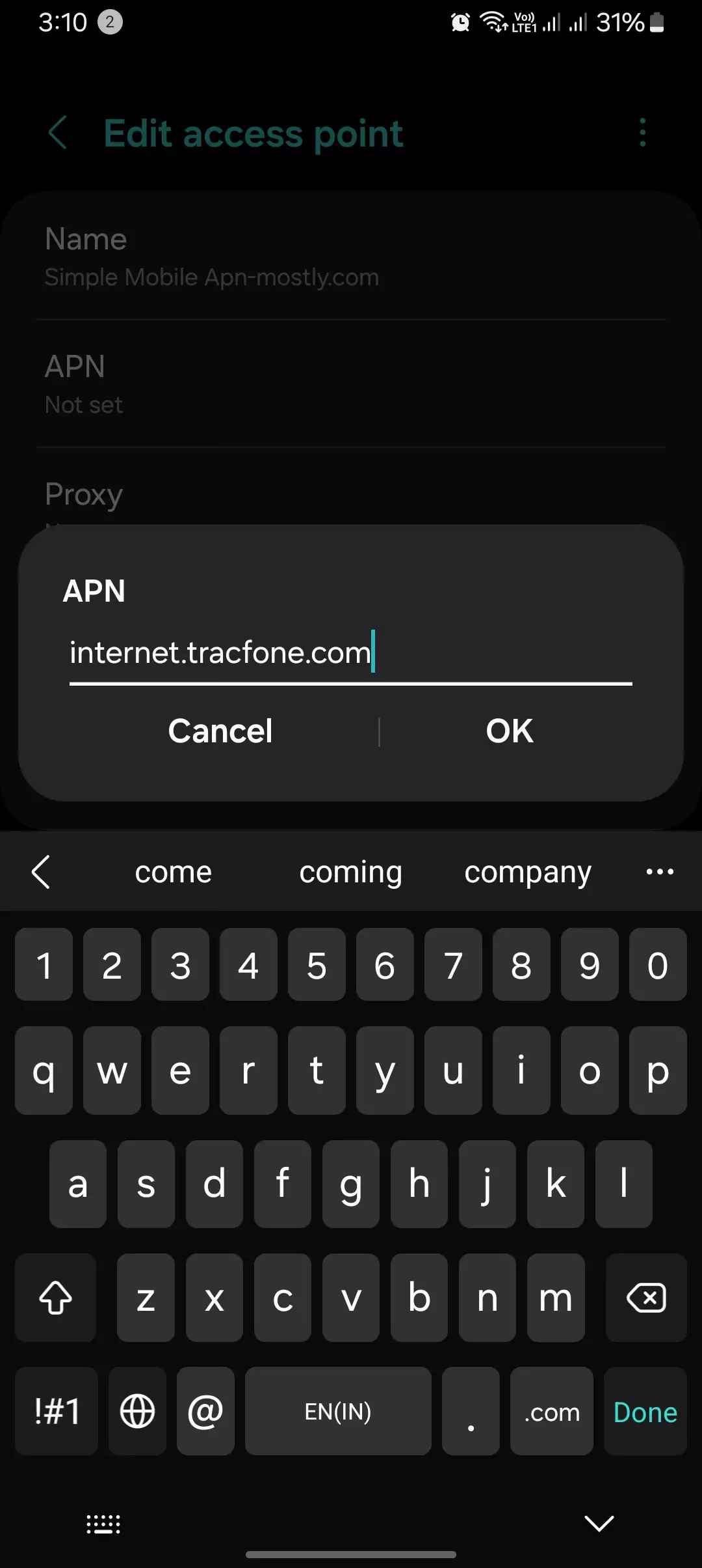 screenshot of entering the APN into the simple mobile