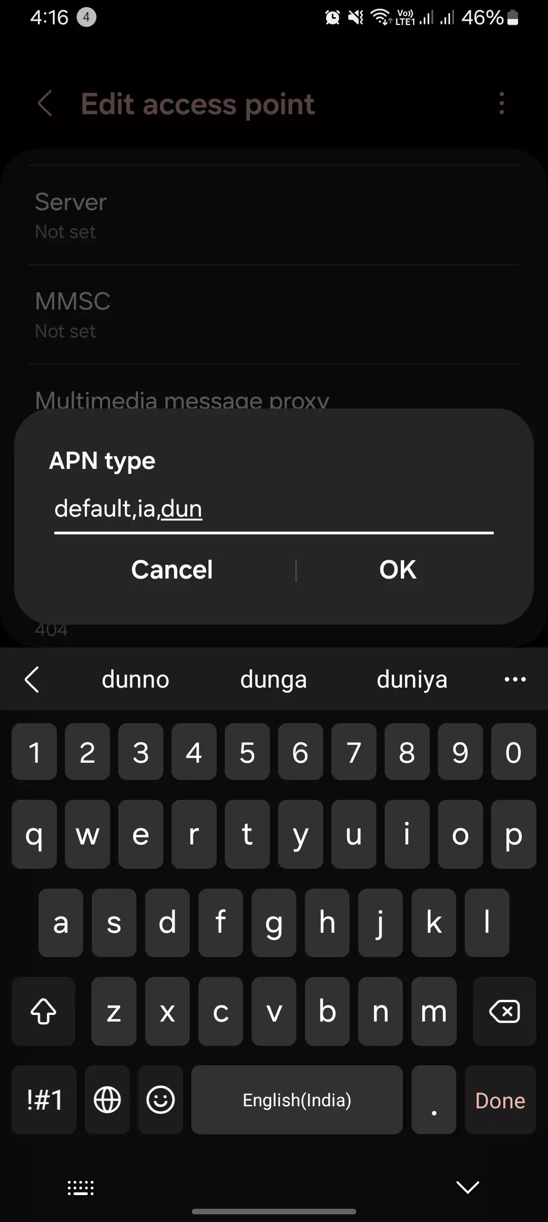 adding the apn type to Móvil Éxito internet