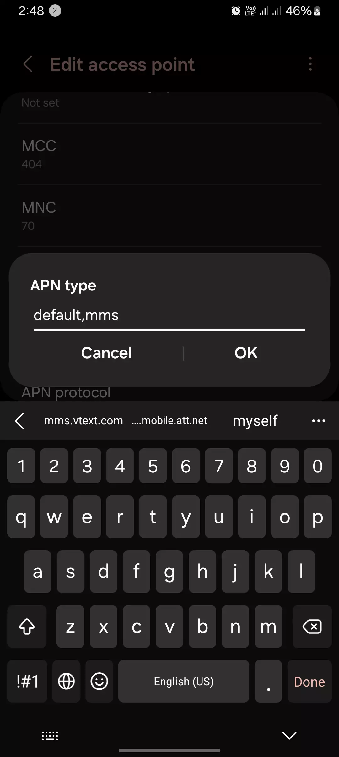 screenshot of adding the apn type value