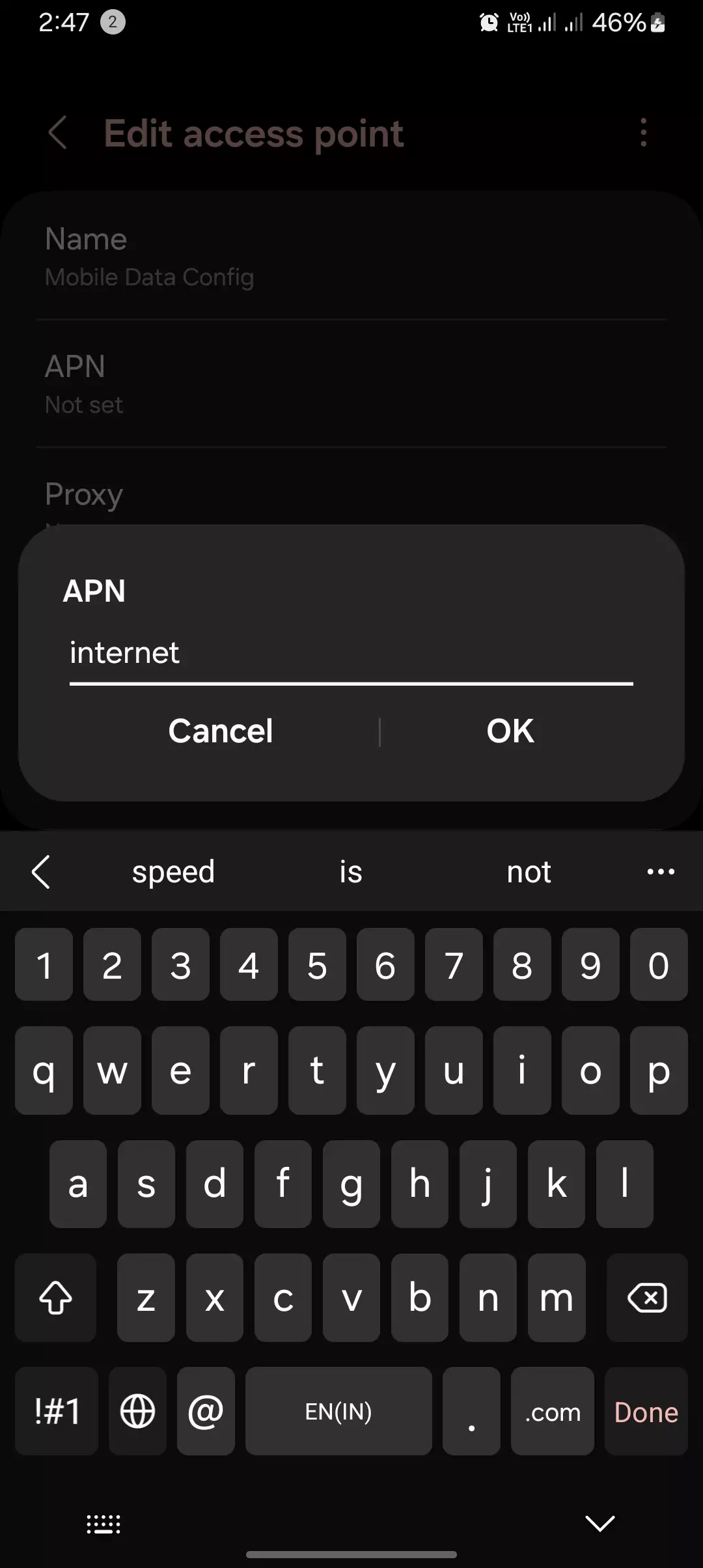 screenshot of adding the internet into the apn