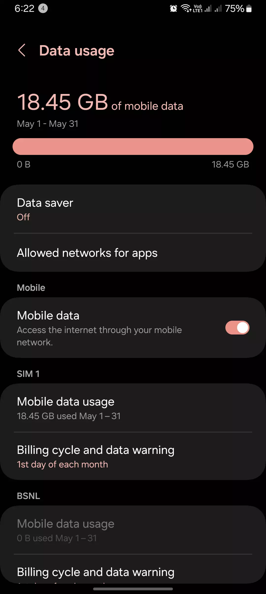 screenshot of turned on mobile data from data usage page