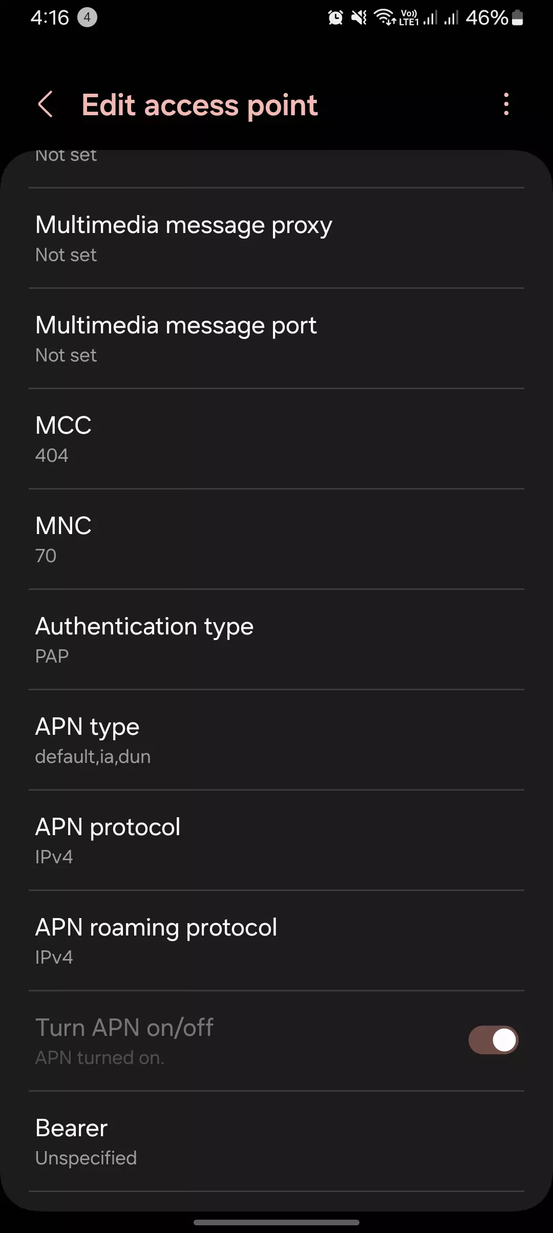 showing the settings for Móvil Éxito connection