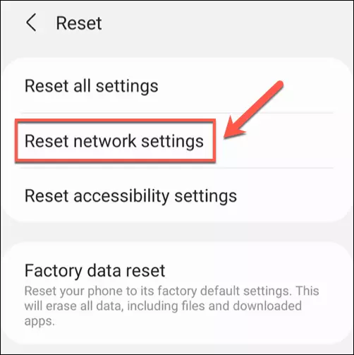 reset network settings screenshot with highlight