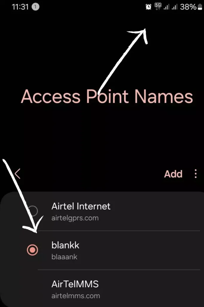 screenshot of blank apn without volte options