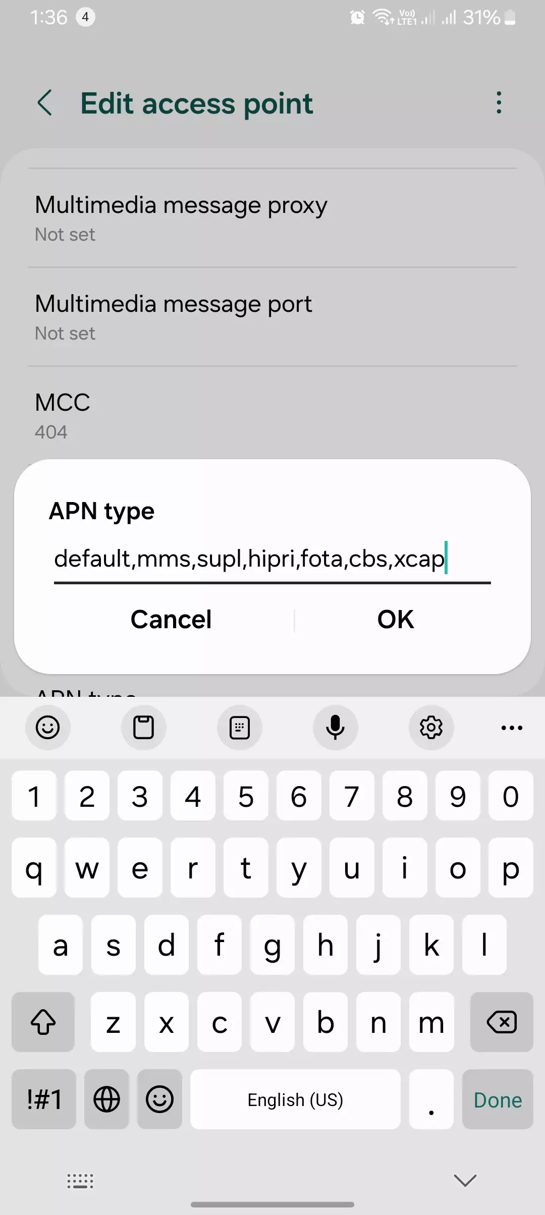 all the types of apn types added into the apn type
