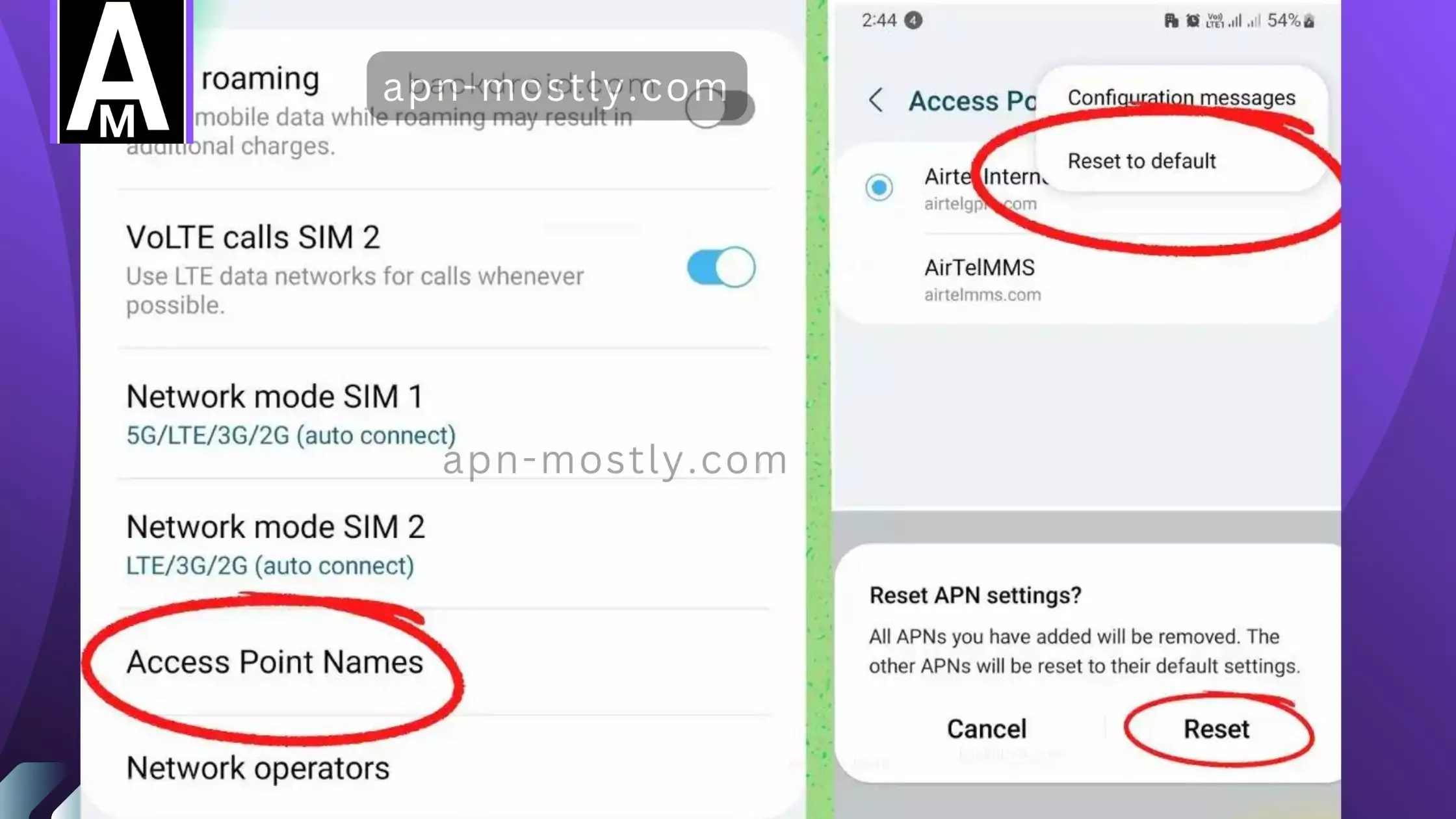 steps in images highlighted to reset apn settings