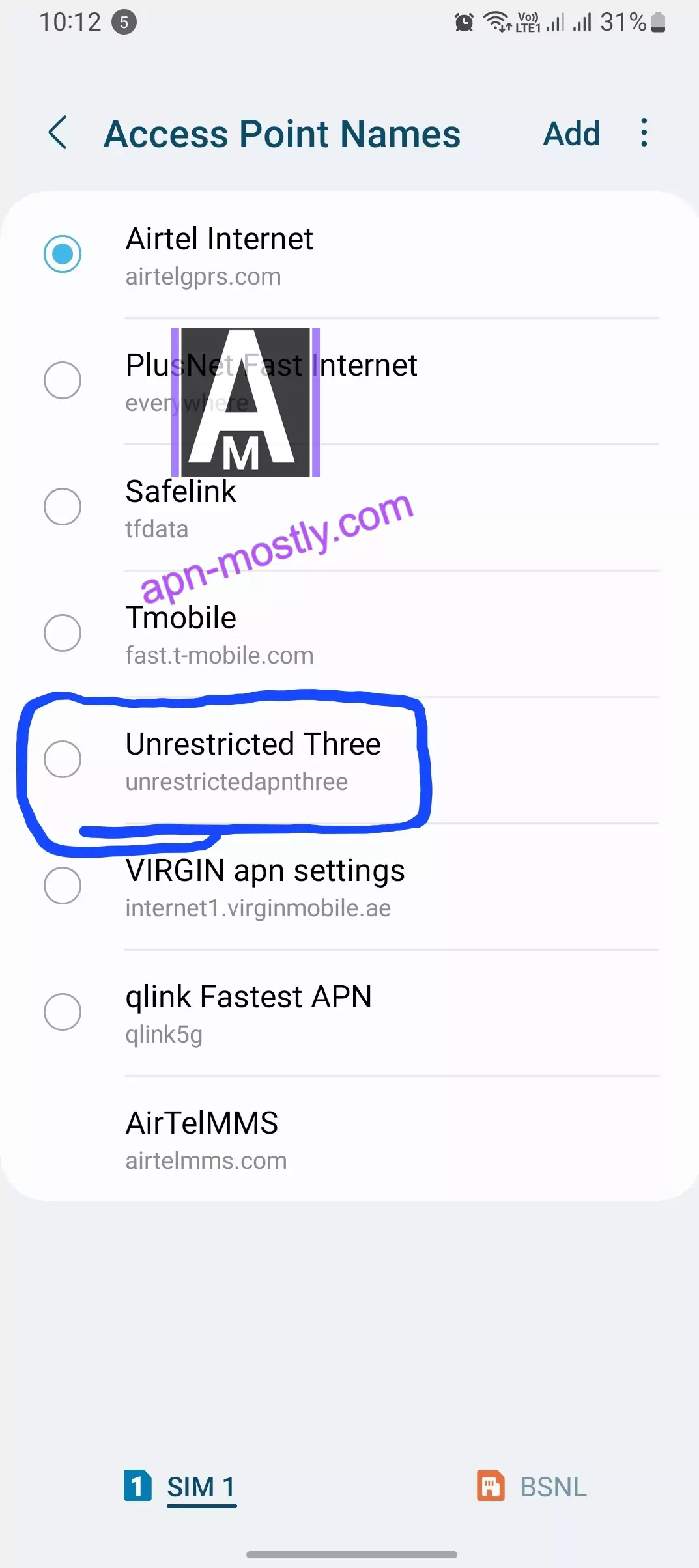 selected the Unrestricted three apn