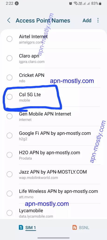 CSL LTE apn settings hioghlighted