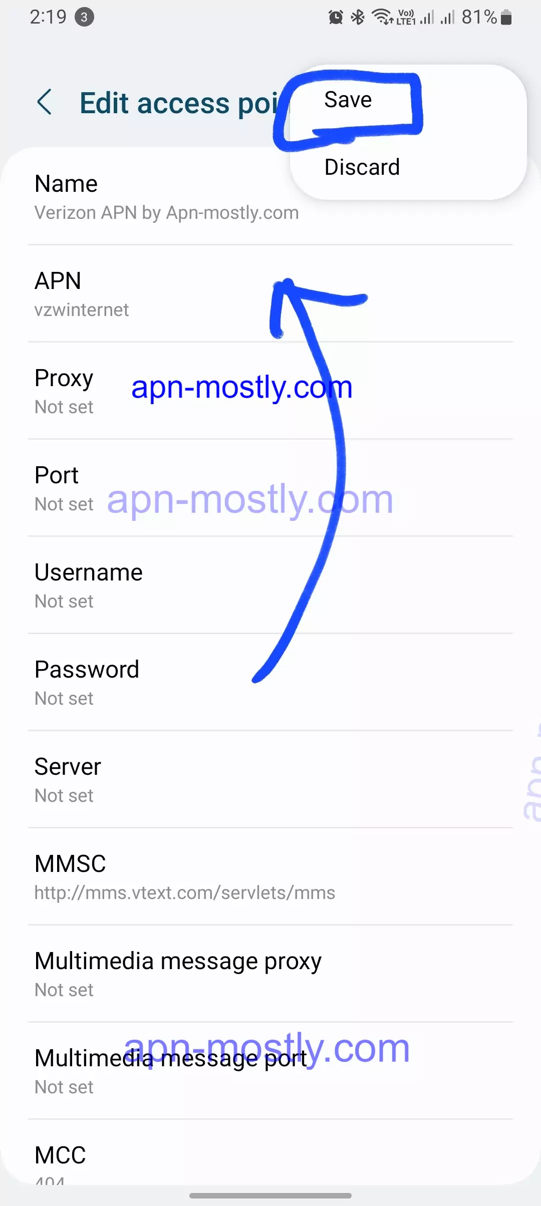 configuring the apn settings for verizon highlighted the saving