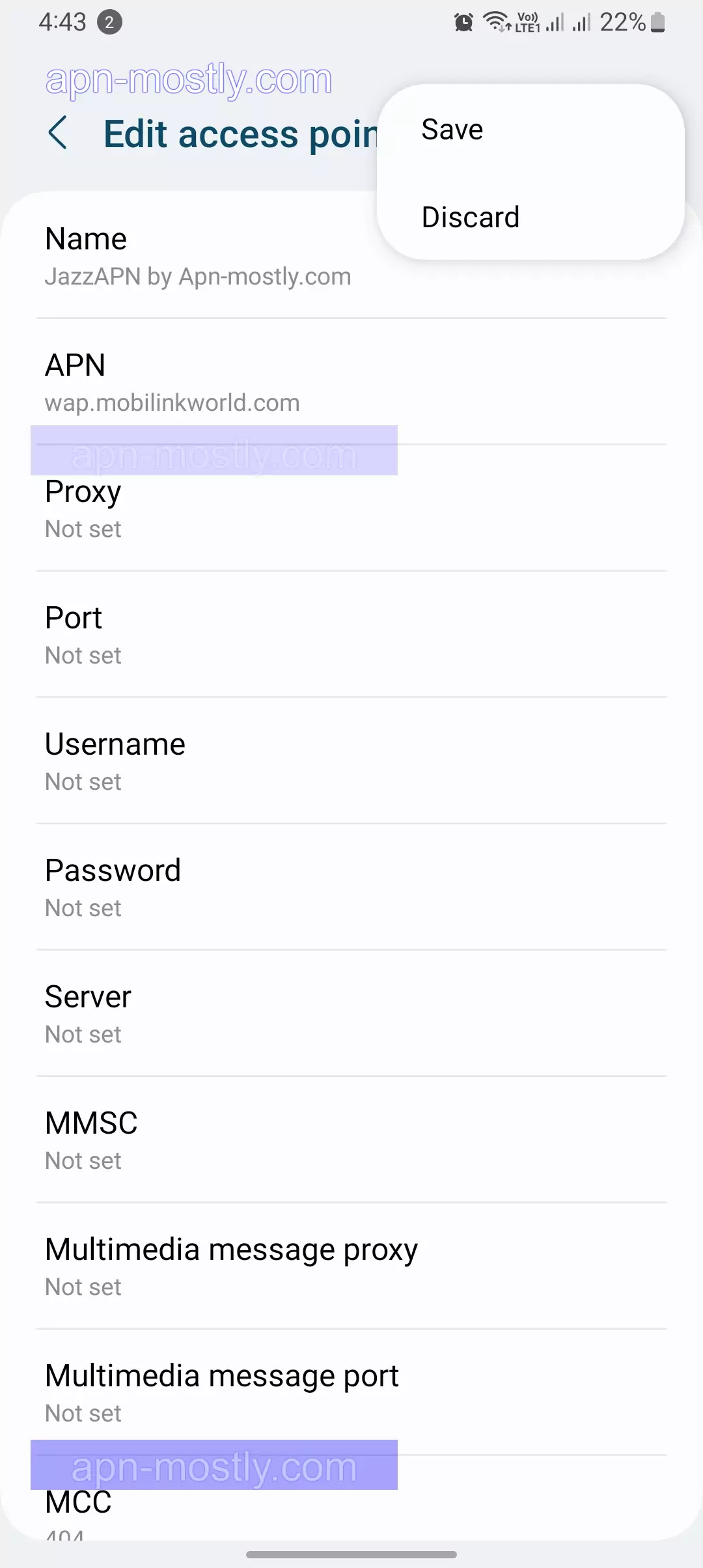 editing jazz apn configuration with other options to save screenshot