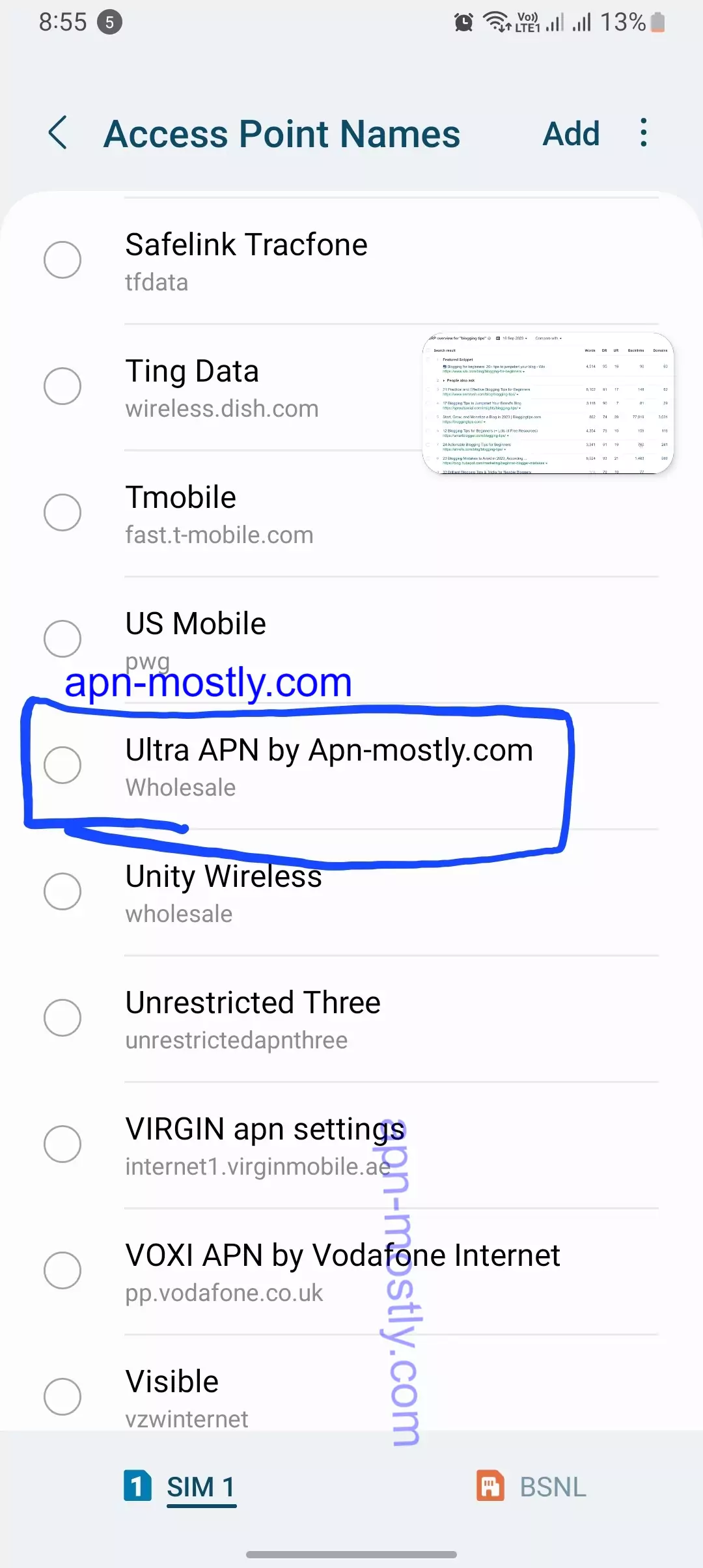 from all apn ultra mobile apn is highlighted in blue