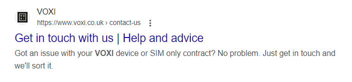 screencapture from google search about Voxi get in touch with us