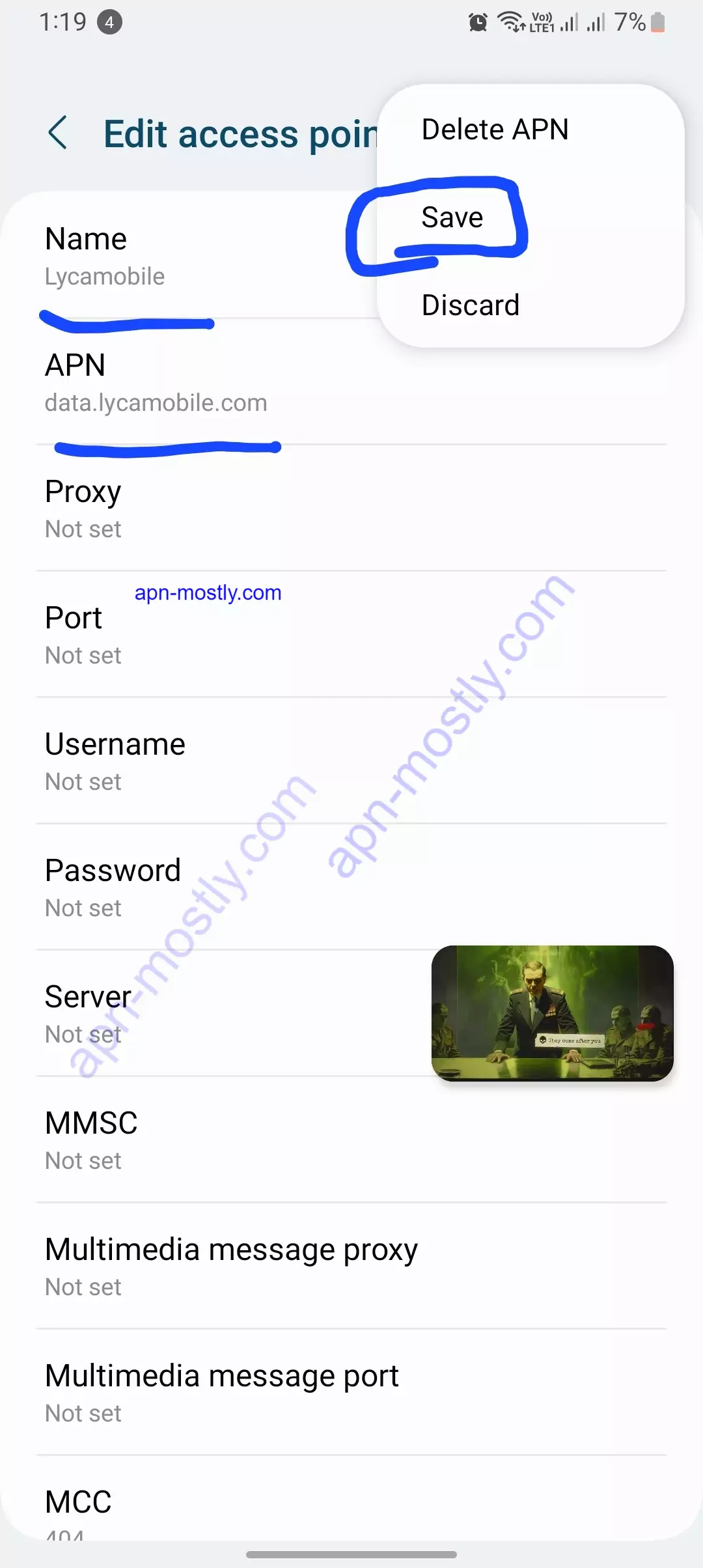 lycamobile apn with save button highlighted inthe blue