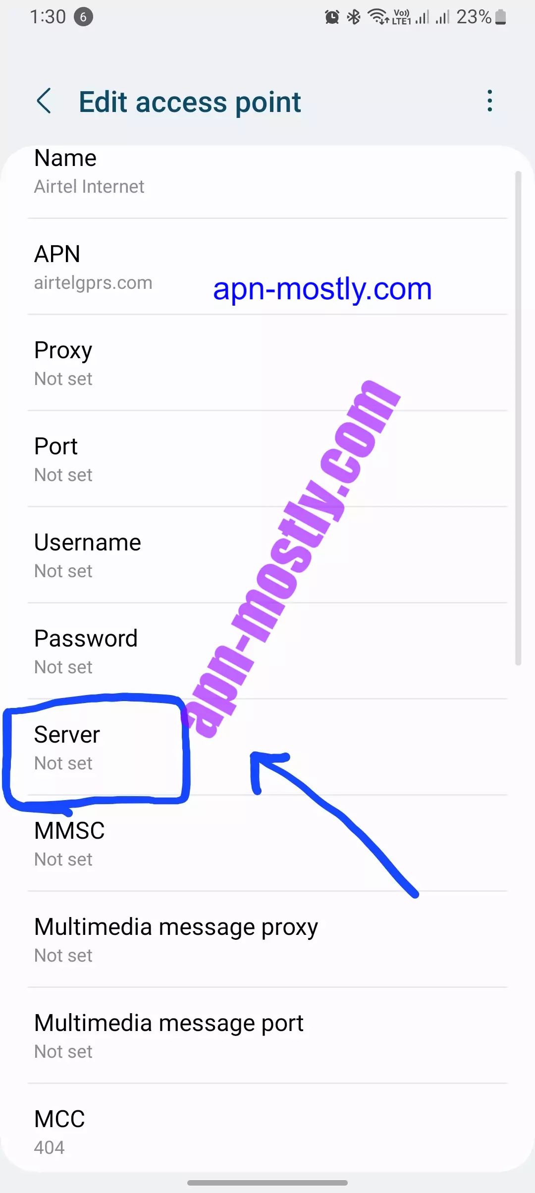 only server highlighted from the apn