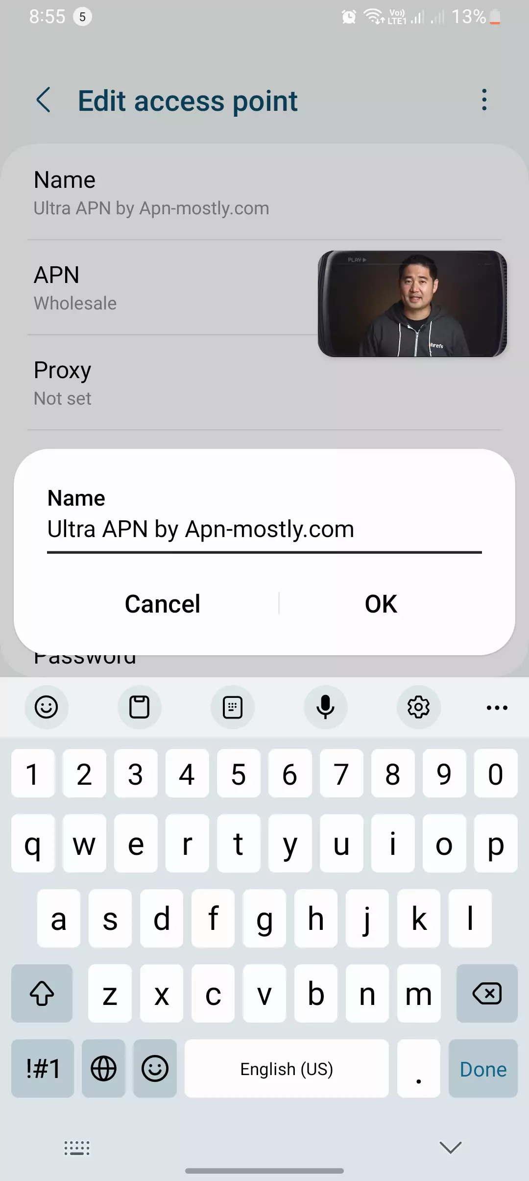 screenshot of naming the ultra mobile apn