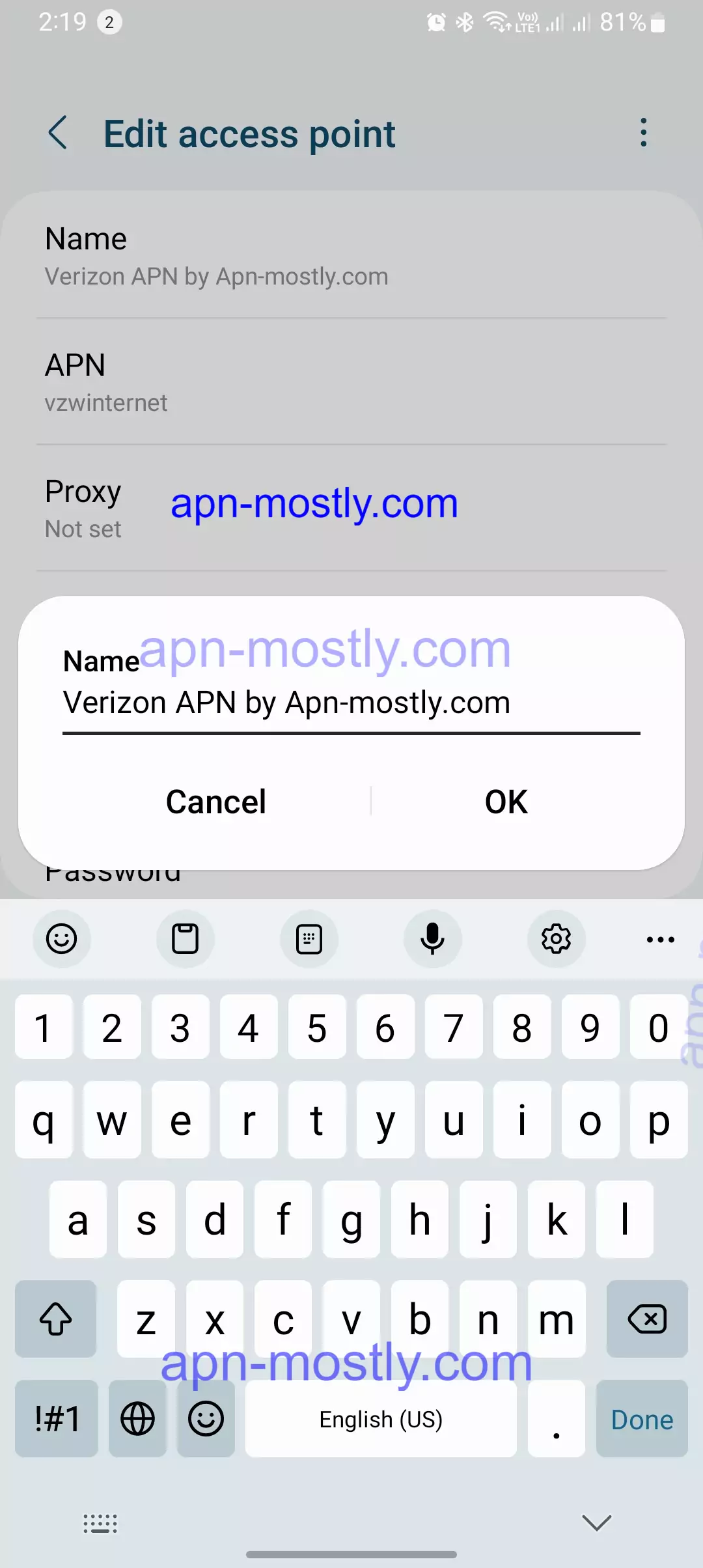 screenshot of verizon apn by naming it