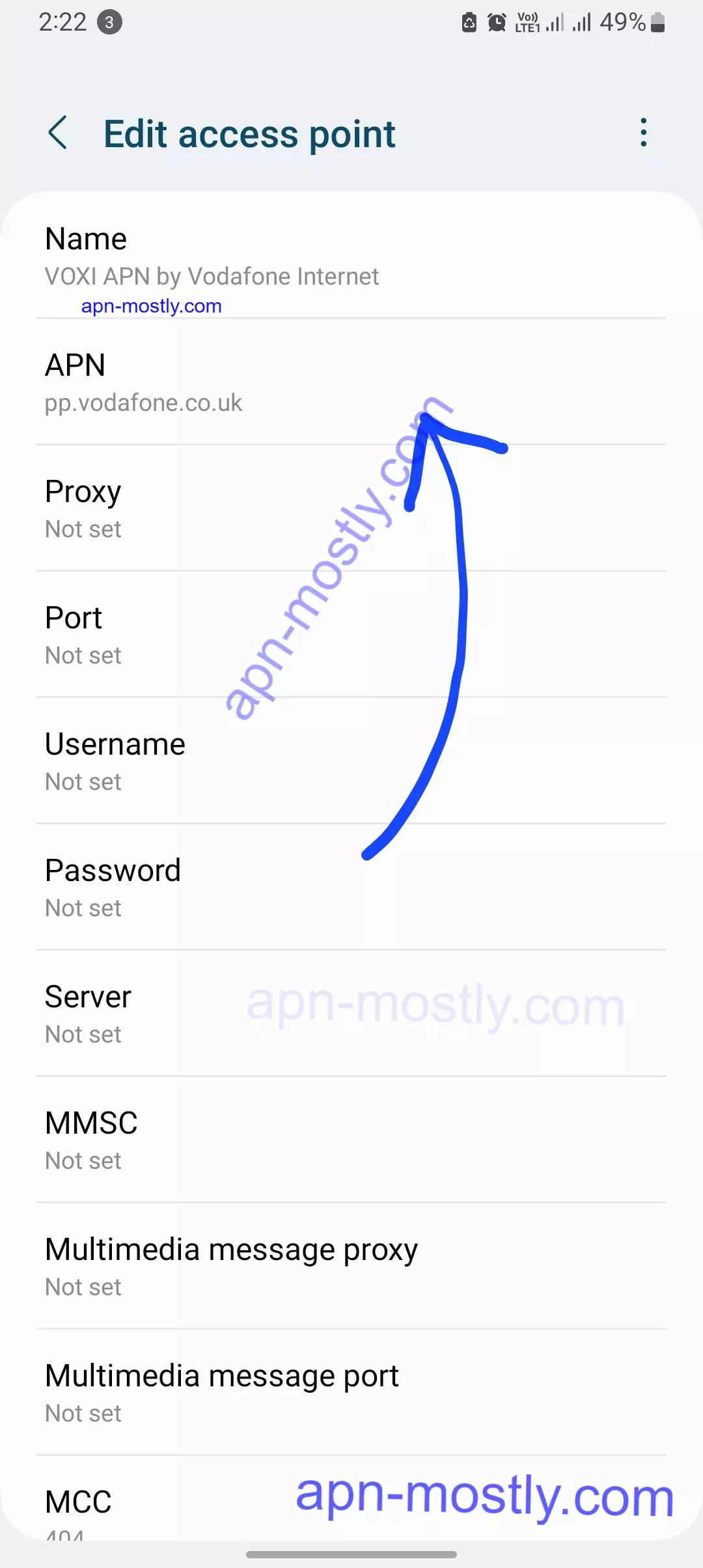 voix internet settings highlighted with blue