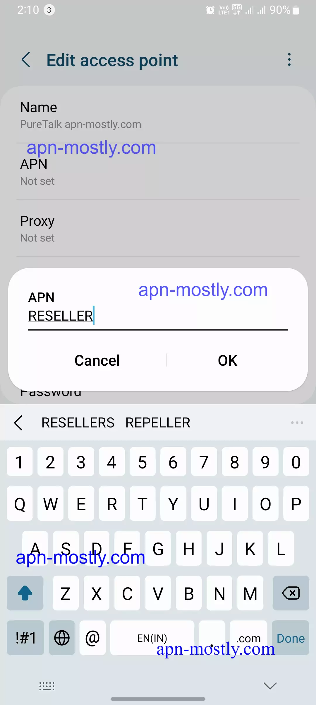 adding reseller into apn for puretalk