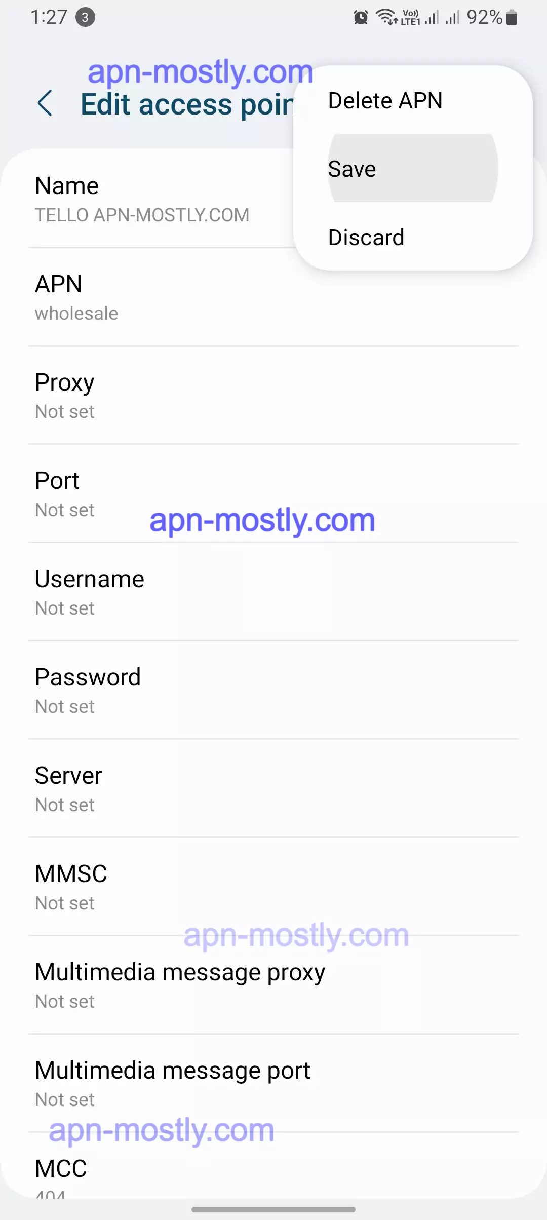 configuring the tello internet settings screenshot