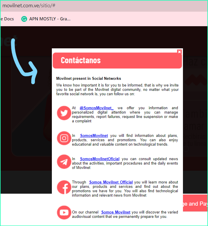 contact us page for movilnet screenshot