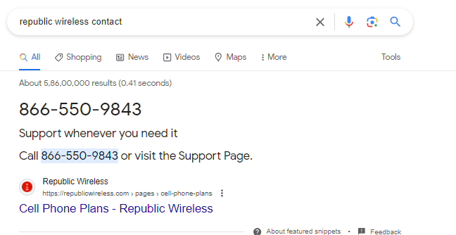 google search results screenshot for republic wireless contact