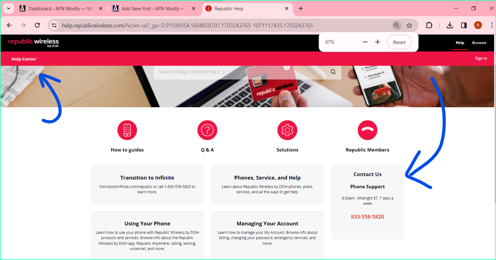 screenshot of republic wireless help page