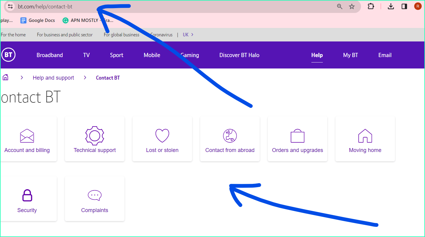 image of bt contact page help screenshot