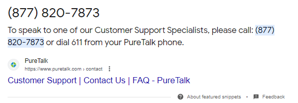 puretalk contact number screenshot from google