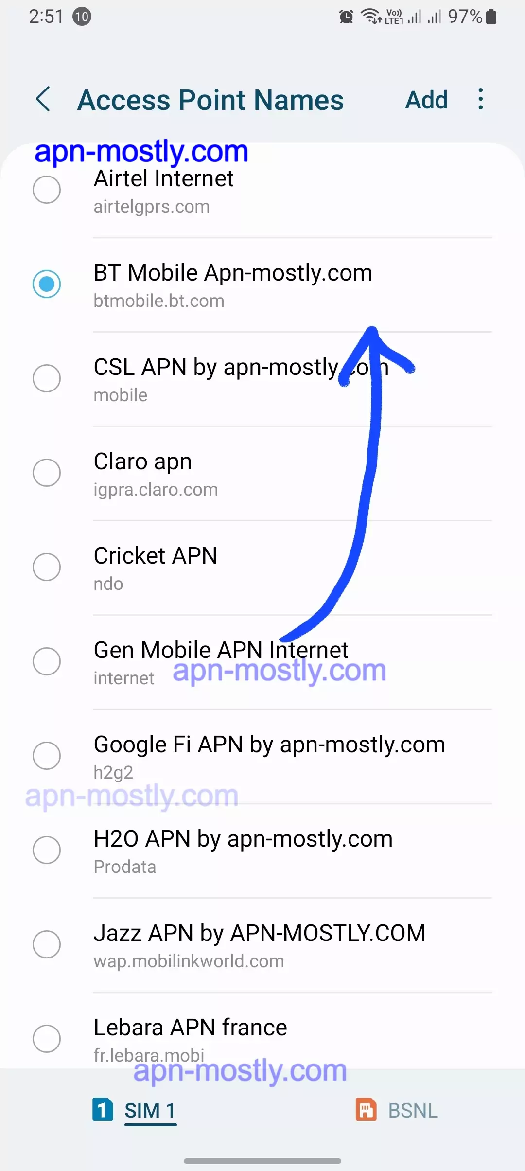 internet configuration screenshot highlighted for BT