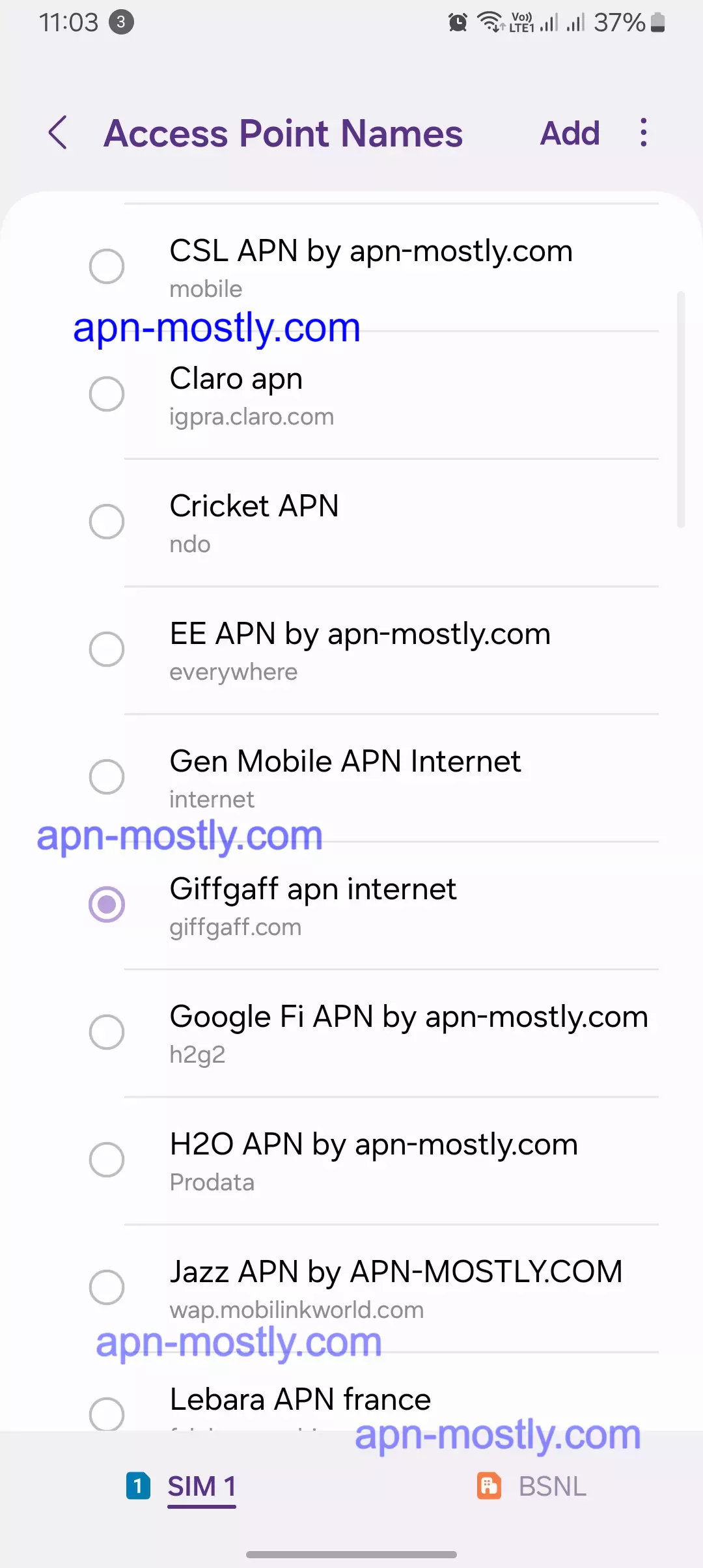 list of all the giffgaff apn