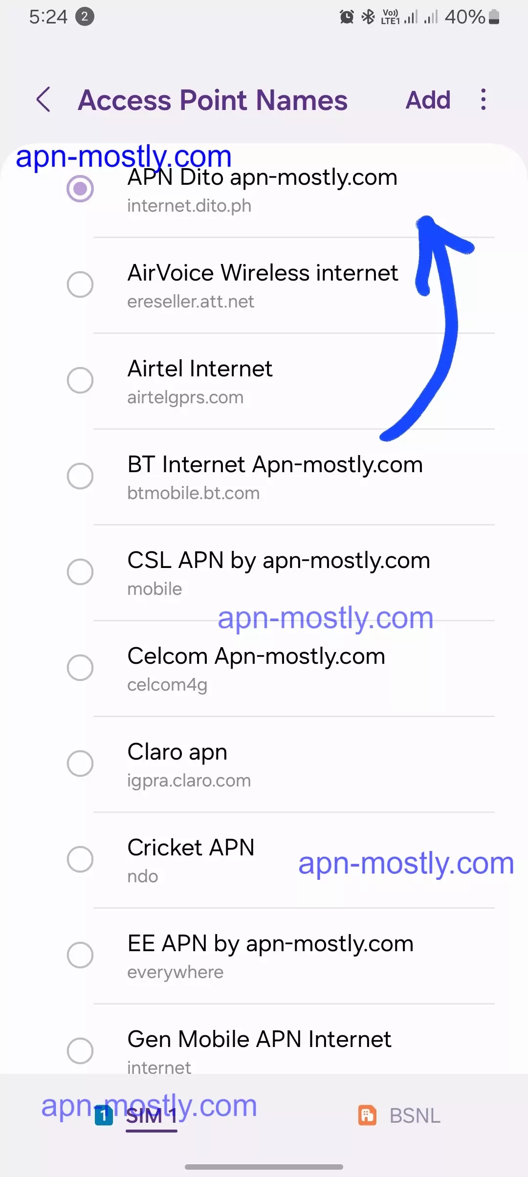 listed all the apn settings with dito highlighted screenshot