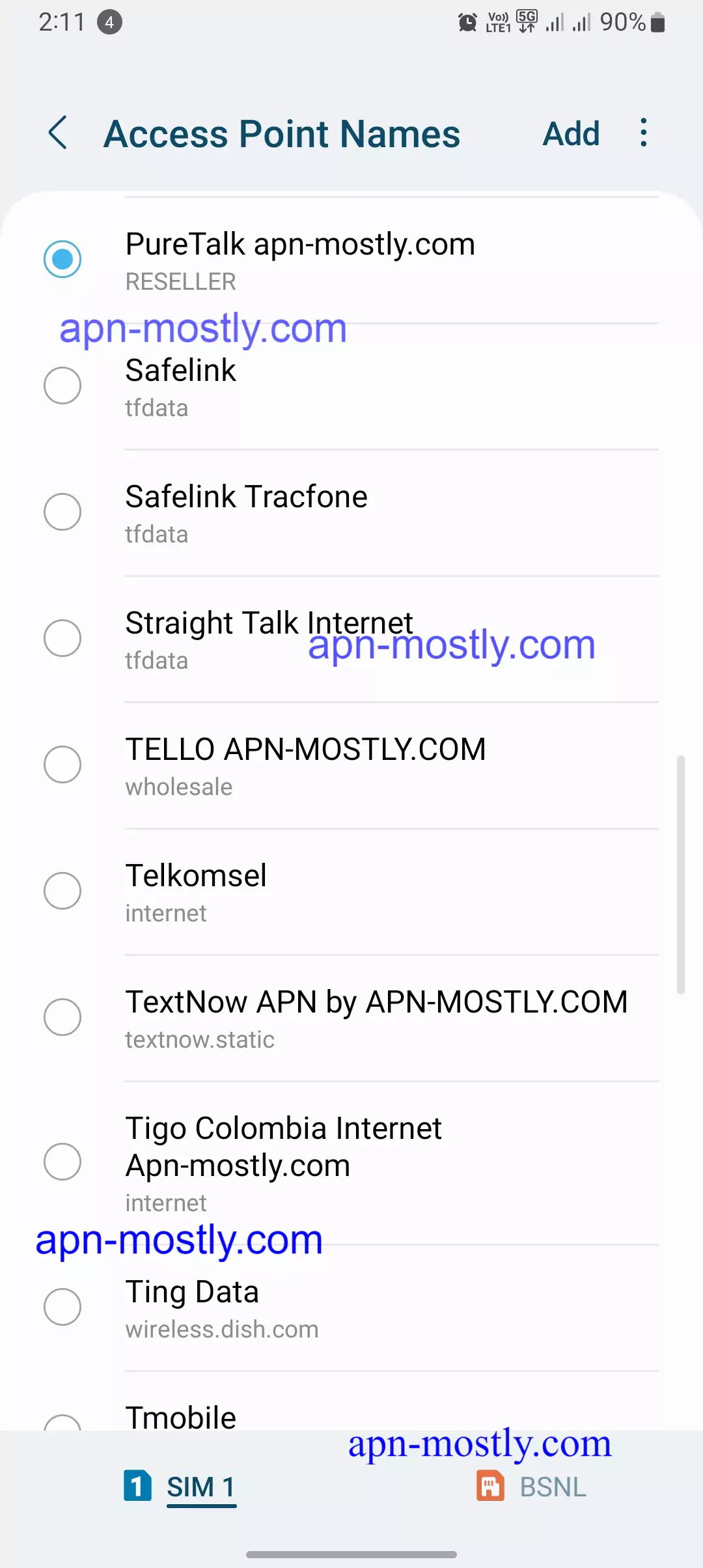 screenshot of all the apn in my android with puretalk apn selected