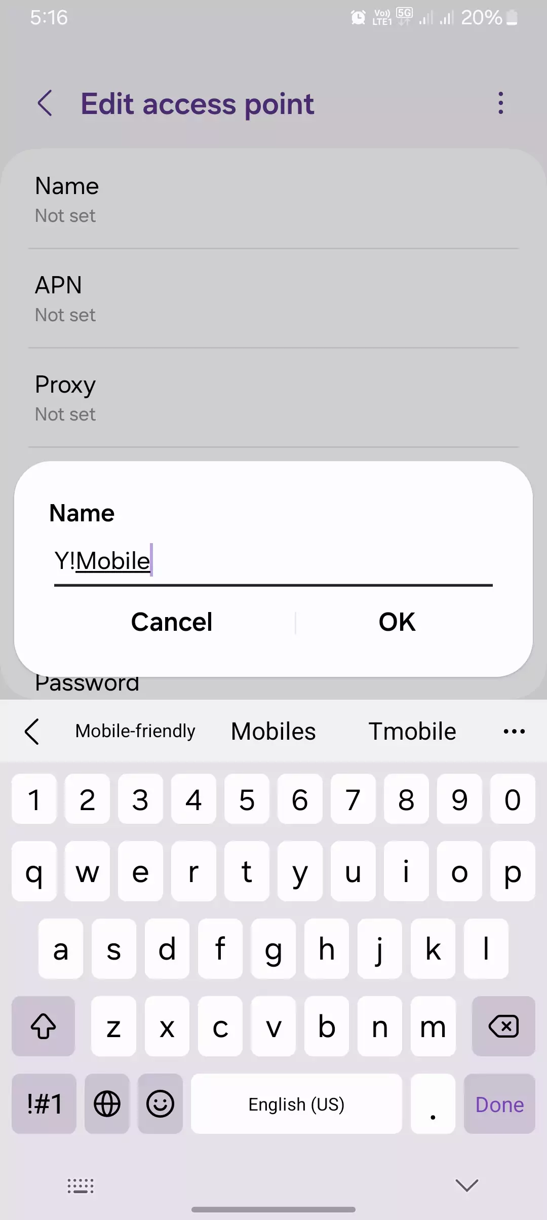 screeenshot of naming ymobile apn