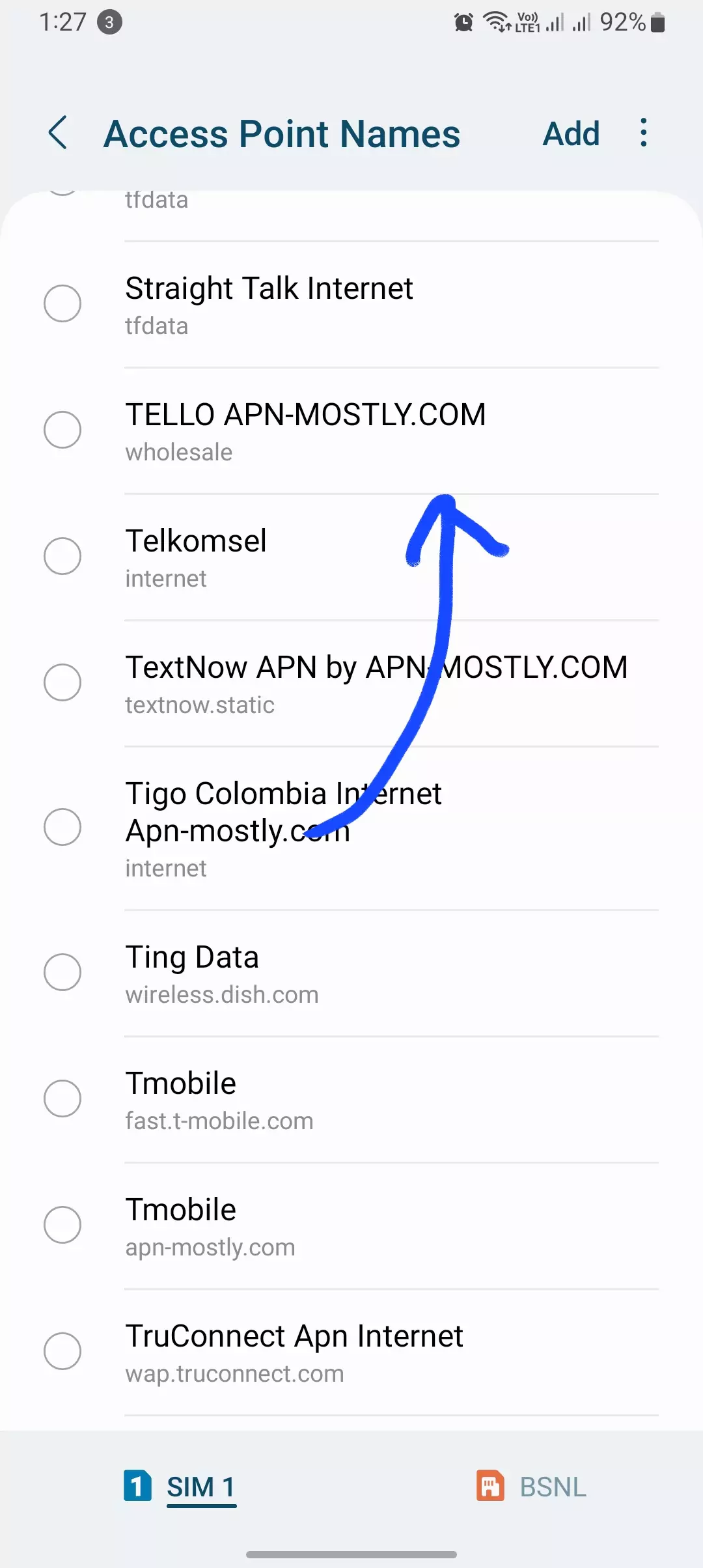 tello apn highlighted with blue arrow