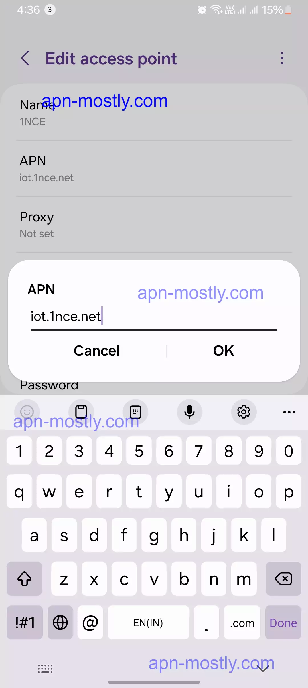 screenshot of adding apn for 1nce