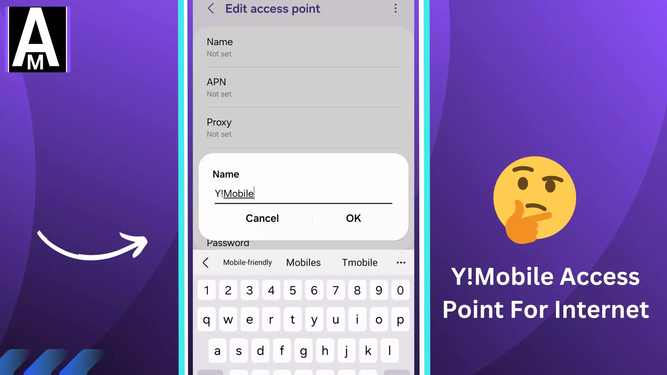 screenshot of editing apn with overlay text and thinking emoji for ymobile